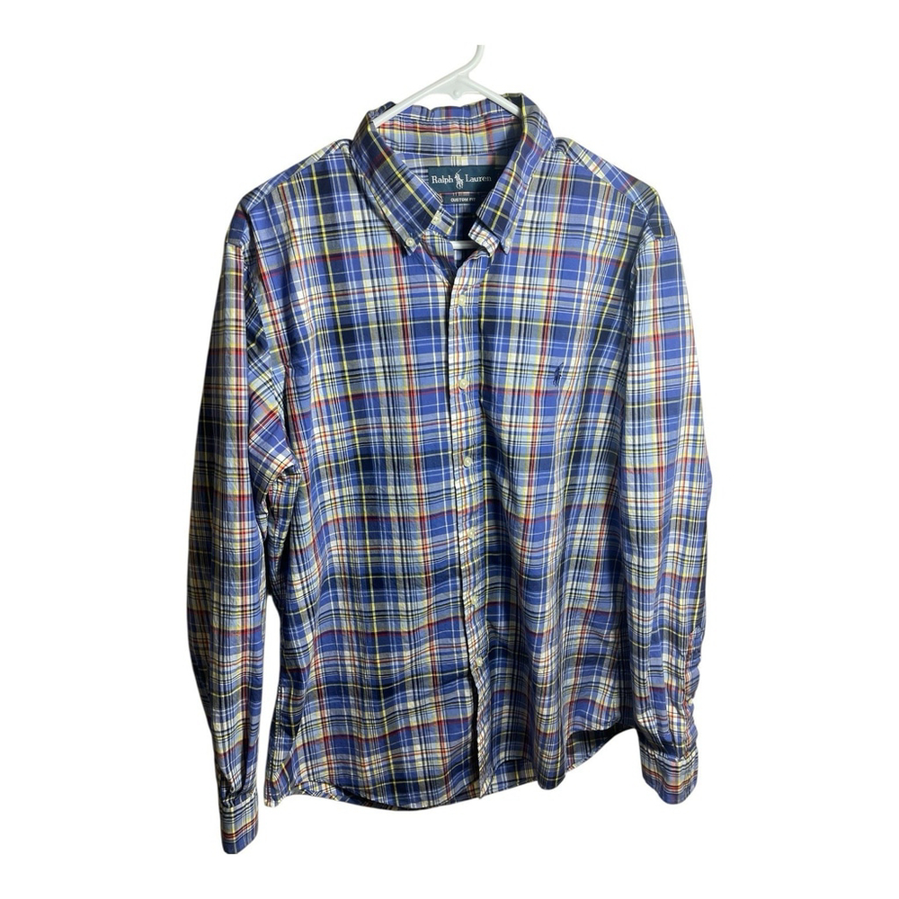 Polo Ralph Lauren Men Large Blue Label Plaid Oxford Button Down Pony Logo Shirt